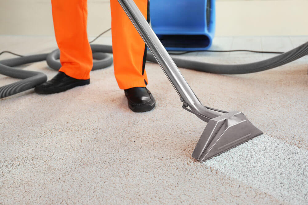 low angle of worker in orange overalls cleaning dirty carpet with a carpet stain remover machine